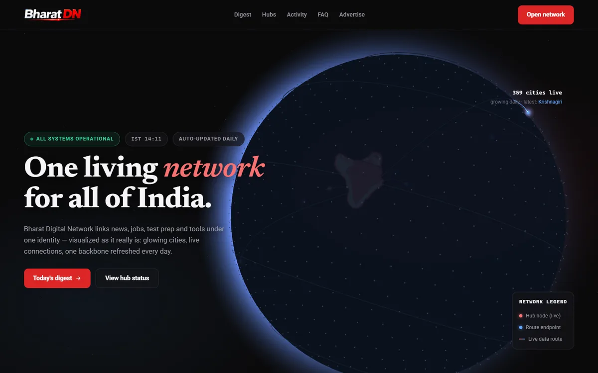 Bharat Digital Network homepage with a 3D globe showing 359 live cities