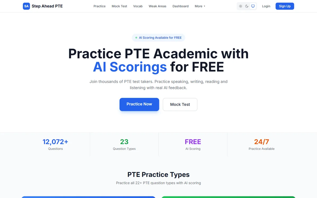 PTE practice portal with practice modes and scoring