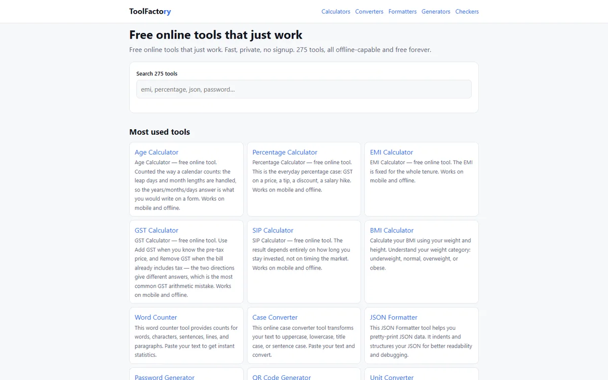 ToolFactory directory with hundreds of free browser tools